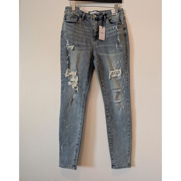 Judy Blue Skinny Lace Peekaboo Distressed Stretch Ankle Jeans Sz 15/32 - Picture 2 of 10